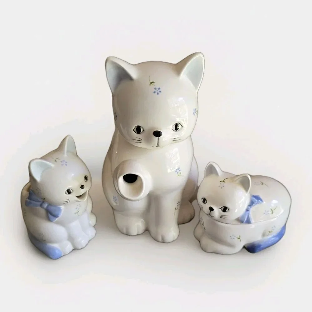 Vintage Otagiri Cat Ceramic Teapot Creamer Sugar Bowl Set - White & Blue Floral